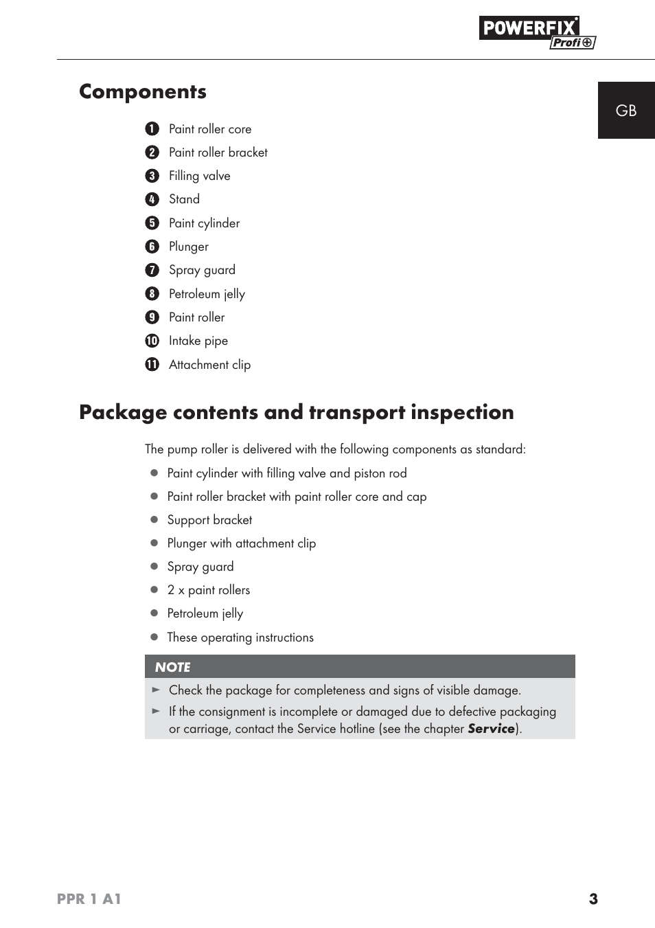 Components, Package contents and transport inspection | Powerfix PPR 1 A1 User Manual | Page 6 / 44