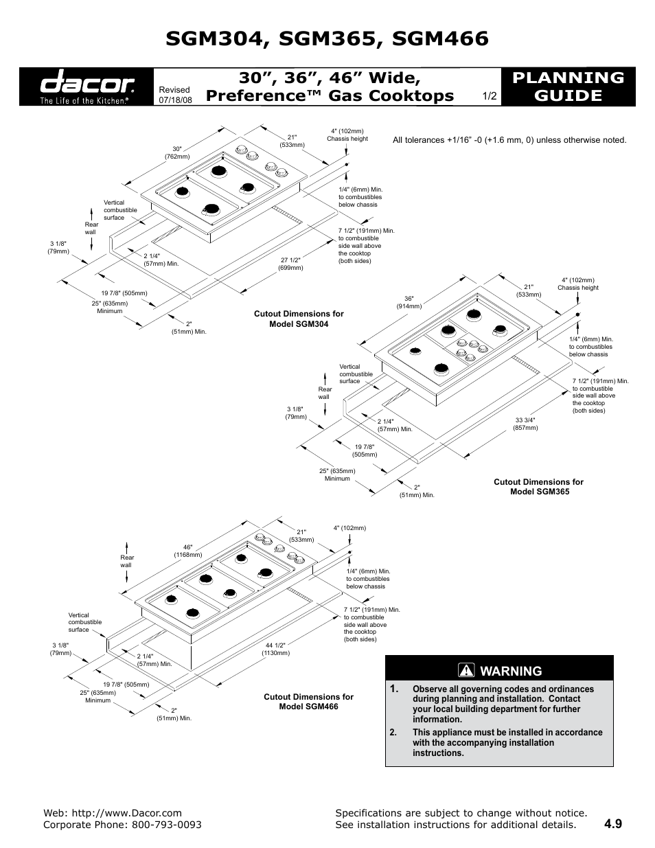 Dacor Preference Gas Cooktops User Manual | 2 pages