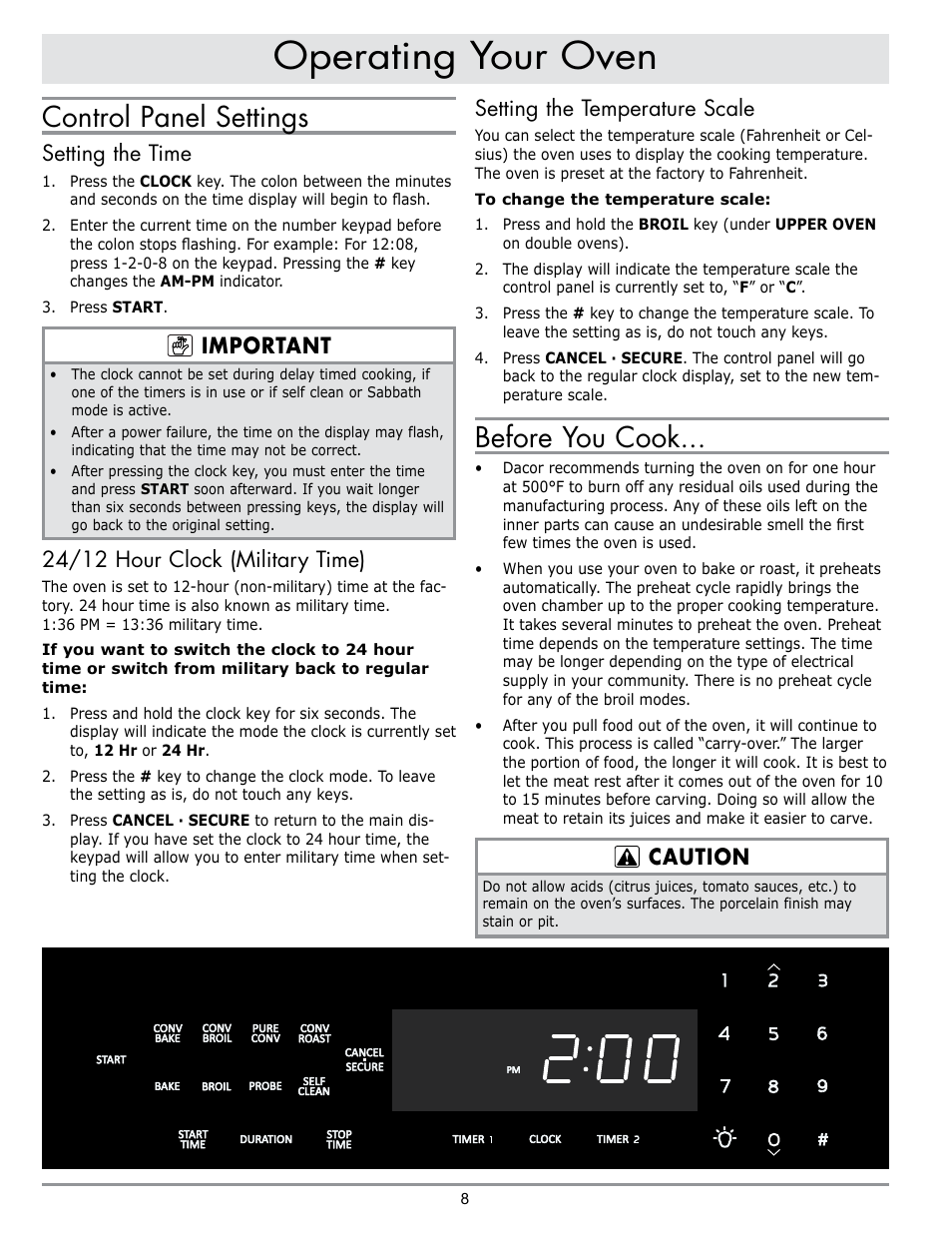 Operating your oven, Control panel settings, Before you cook | Setting the time, Important, 24/12 hour clock (military time), Setting the temperature scale, Caution | Dacor DO230 User Manual | Page 10 / 36