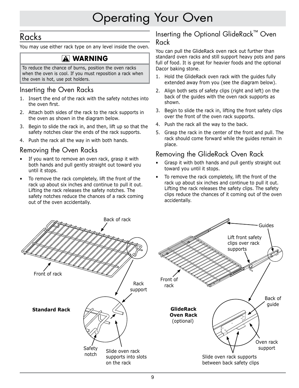 Operating your oven, Racks, Inserting the optional gliderack | Oven rack, Removing the gliderack oven rack, Warning, Inserting the oven racks, Removing the oven racks | Dacor DO230 User Manual | Page 11 / 36
