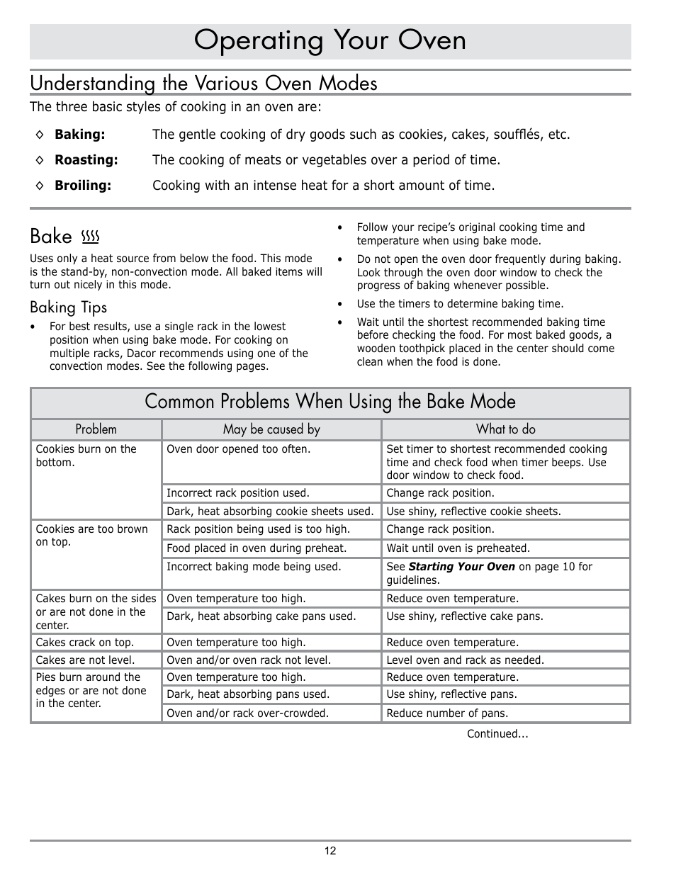 Operating your oven, Common problems when using the bake mode, Understanding the various oven modes | Bake, Baking tips | Dacor DO230 User Manual | Page 14 / 36