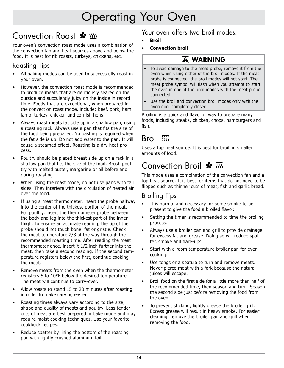 Operating your oven, Convection roast, Broil | Convection broil, Roasting tips, Your oven offers two broil modes, Warning, Broiling tips | Dacor DO230 User Manual | Page 16 / 36