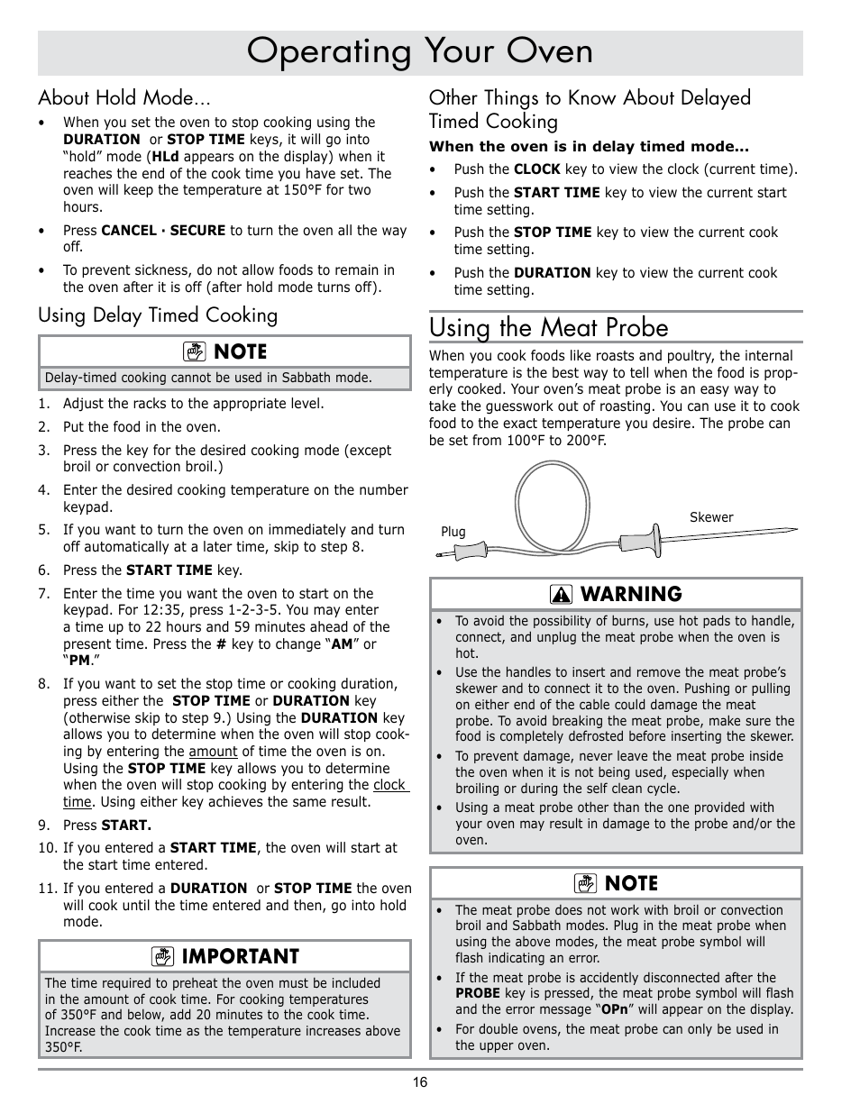 Operating your oven, Using the meat probe, About hold mode | Important, Other things to know about delayed timed cooking, Warning | Dacor DO230 User Manual | Page 18 / 36