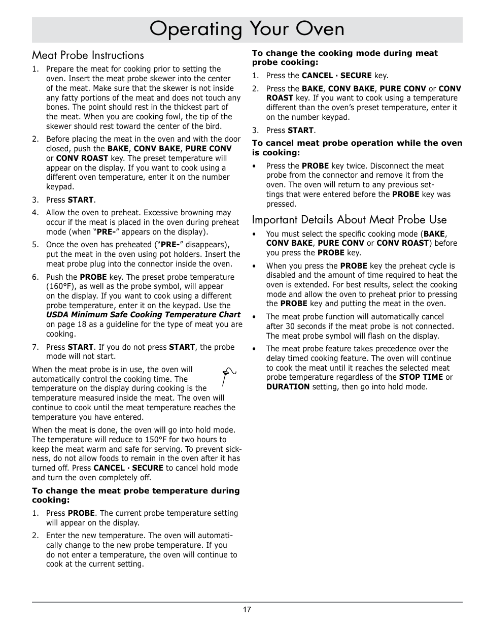 Operating your oven, Meat probe instructions, Important details about meat probe use | Dacor DO230 User Manual | Page 19 / 36