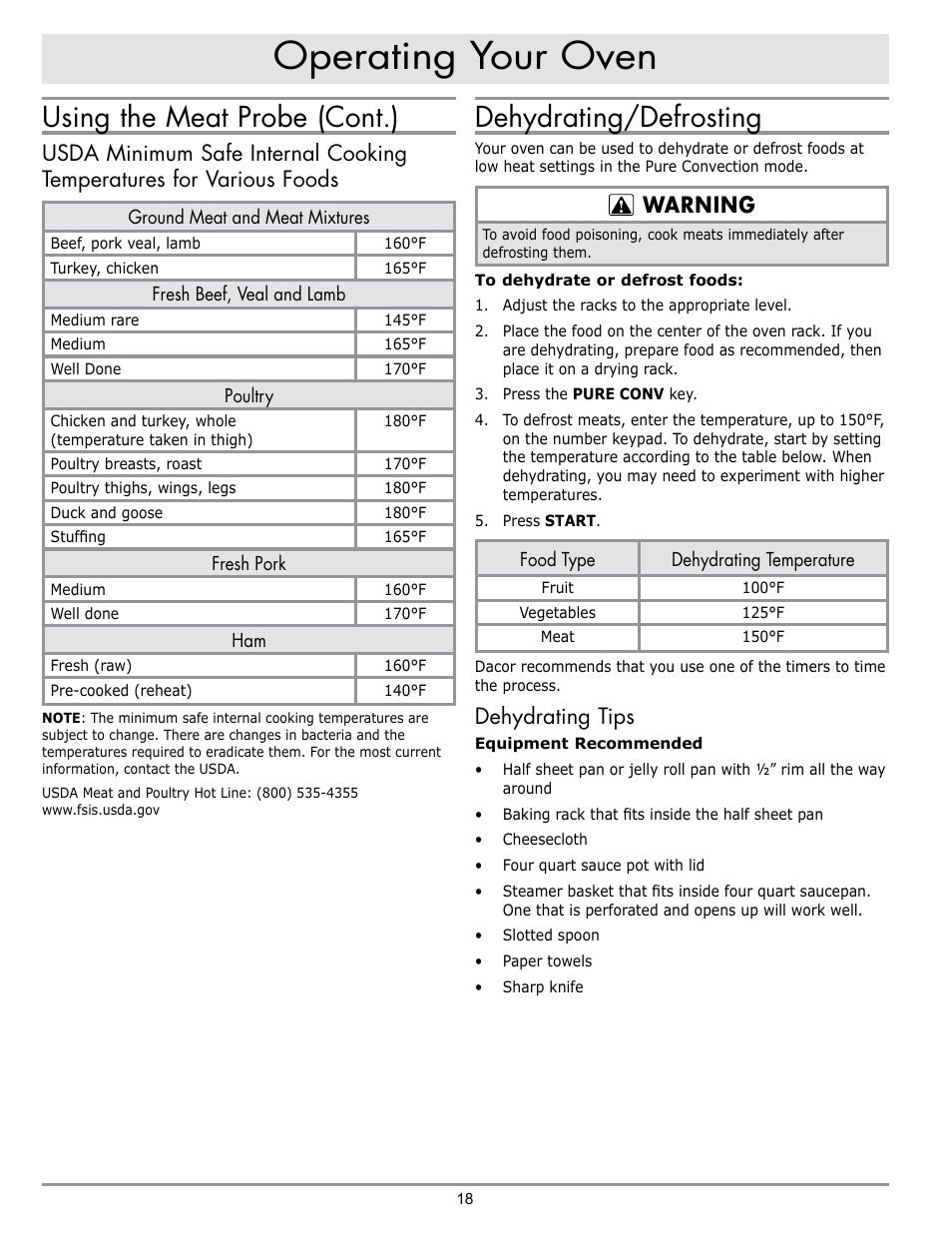 Operating your oven, Using the meat probe (cont.), Dehydrating/defrosting | Warning, Dehydrating tips | Dacor DO230 User Manual | Page 20 / 36