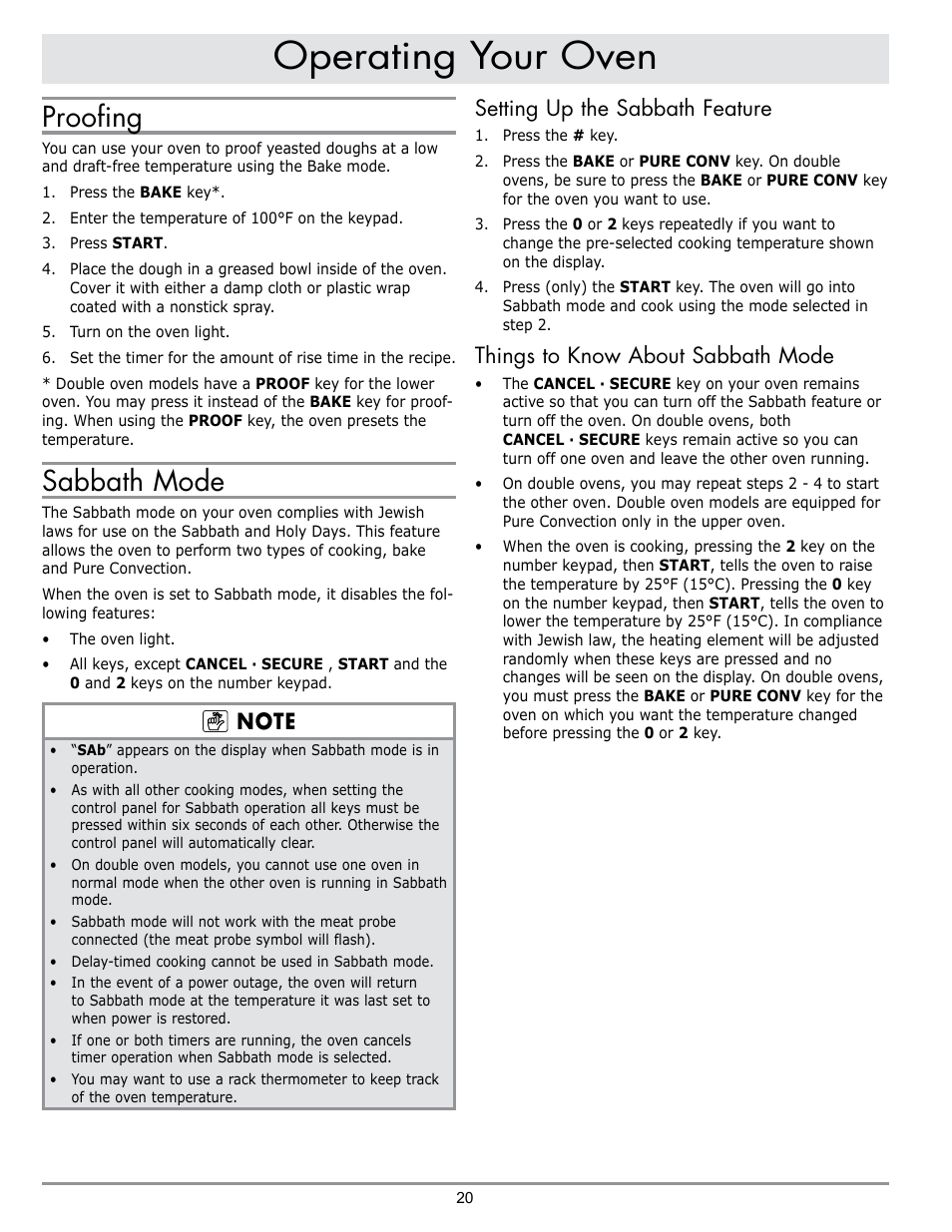 Operating your oven, Proofing, Sabbath mode | Setting up the sabbath feature, Things to know about sabbath mode | Dacor DO230 User Manual | Page 22 / 36