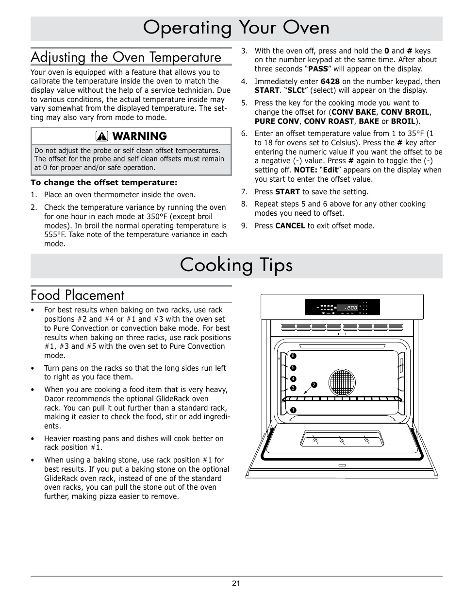 Operating your oven cooking tips, Food placement, Adjusting the oven temperature | Warning | Dacor DO230 User Manual | Page 23 / 36