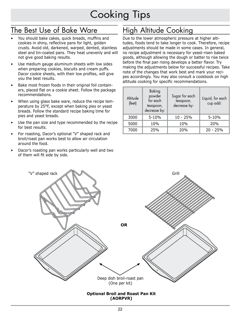 Cooking tips, The best use of bake ware, High altitude cooking | Dacor DO230 User Manual | Page 24 / 36