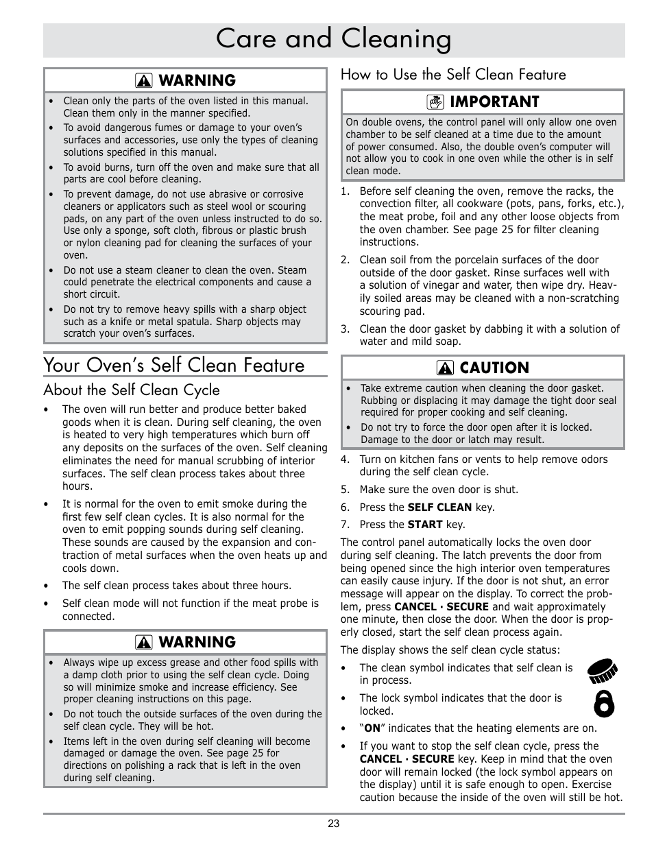 Care and cleaning, Your oven’s self clean feature, Warning | About the self clean cycle, How to use the self clean feature important, Caution | Dacor DO230 User Manual | Page 25 / 36