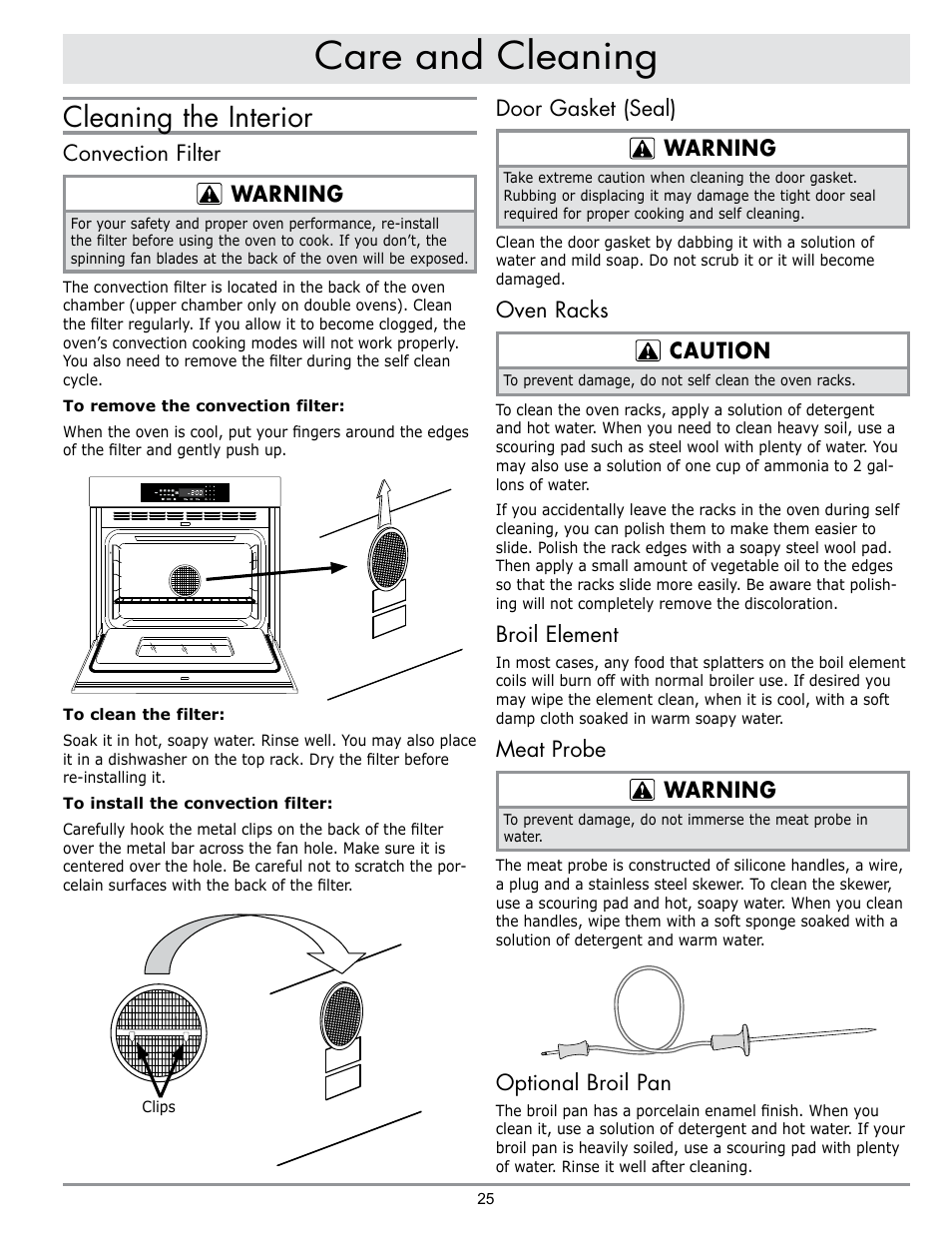 Care and cleaning, Cleaning the interior, Door gasket (seal) warning | Oven racks caution, Broil element, Meat probe warning, Optional broil pan, Convection filter warning | Dacor DO230 User Manual | Page 27 / 36