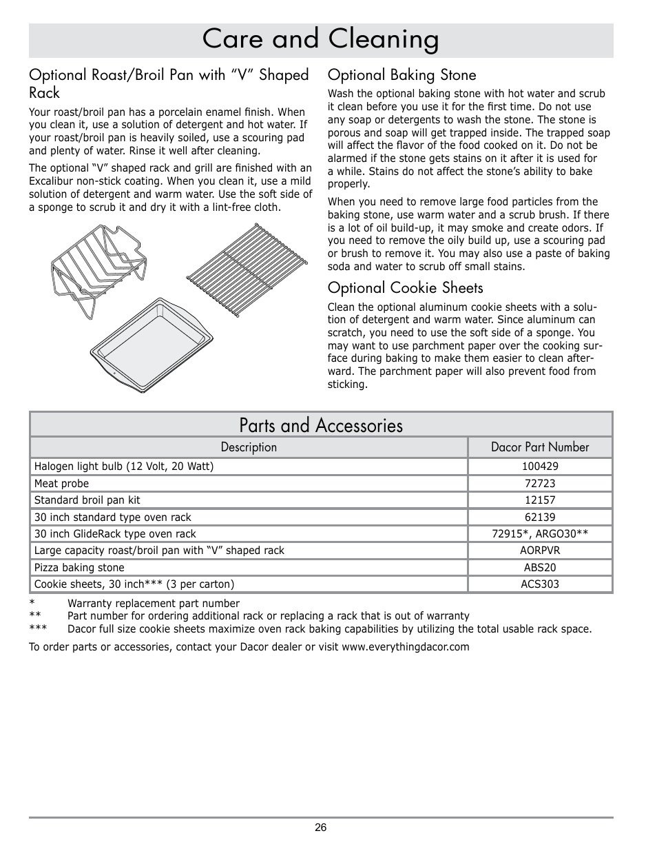 Care and cleaning, Parts and accessories, Optional roast/broil pan with “v” shaped rack | Optional baking stone, Optional cookie sheets | Dacor DO230 User Manual | Page 28 / 36