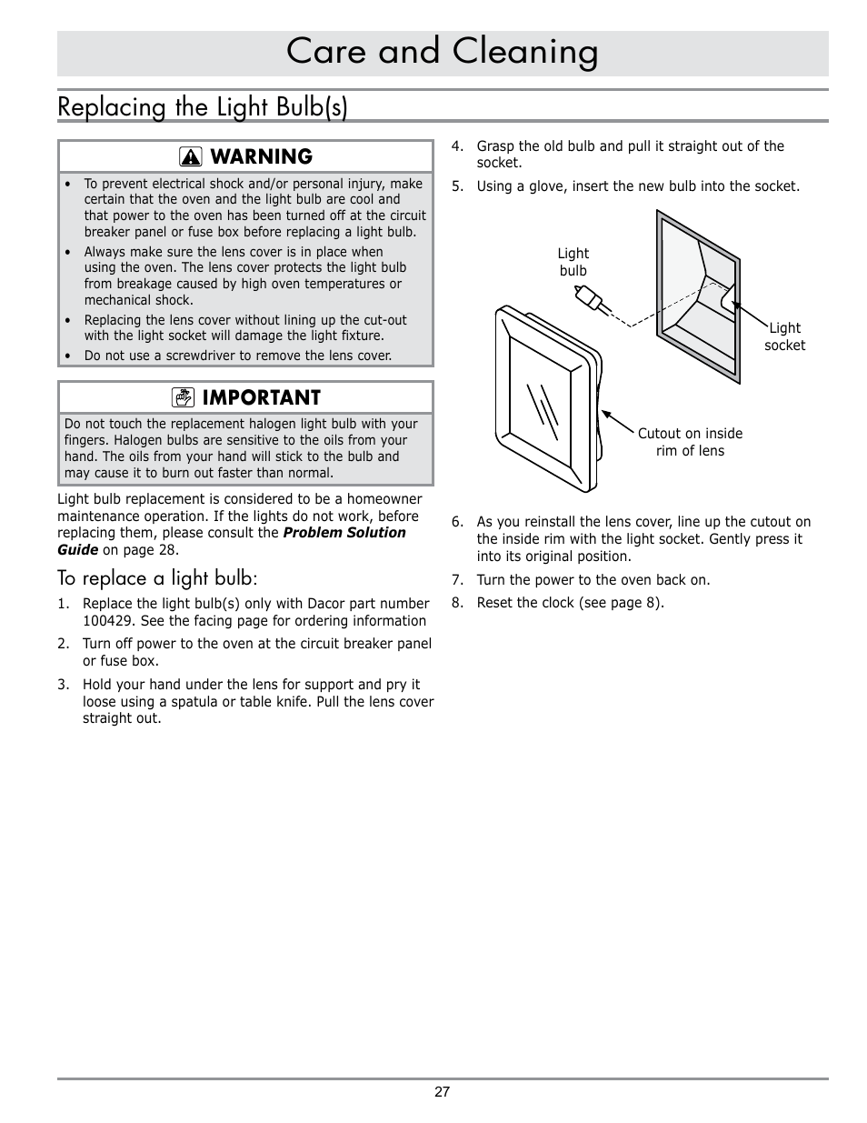 Care and cleaning, Replacing the light bulb(s), Warning | Important | Dacor DO230 User Manual | Page 29 / 36