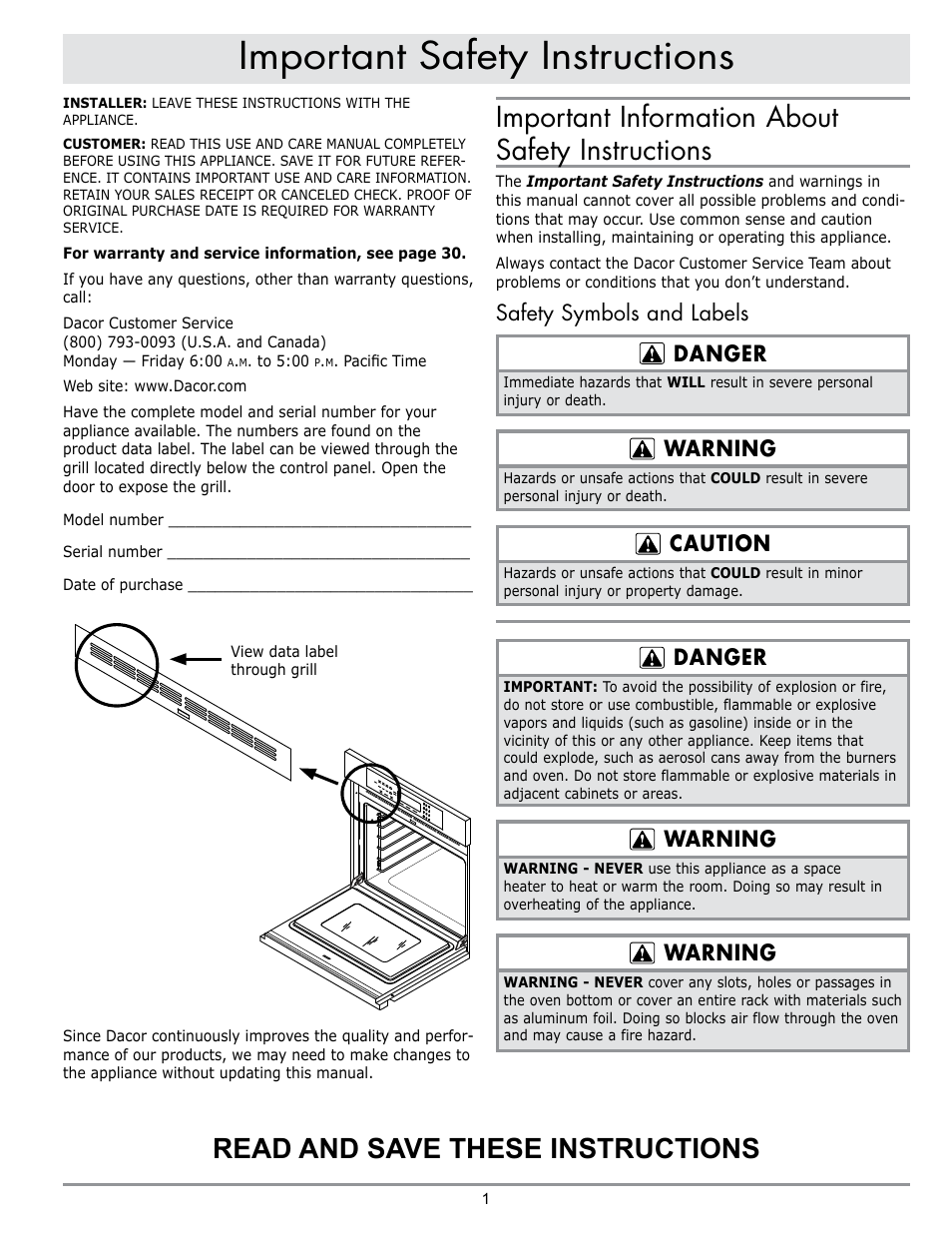 Important safety instructions, Important information about safety instructions, Read and save these instructions | Safety symbols and labels danger, Warning, Caution, Danger | Dacor DO230 User Manual | Page 3 / 36