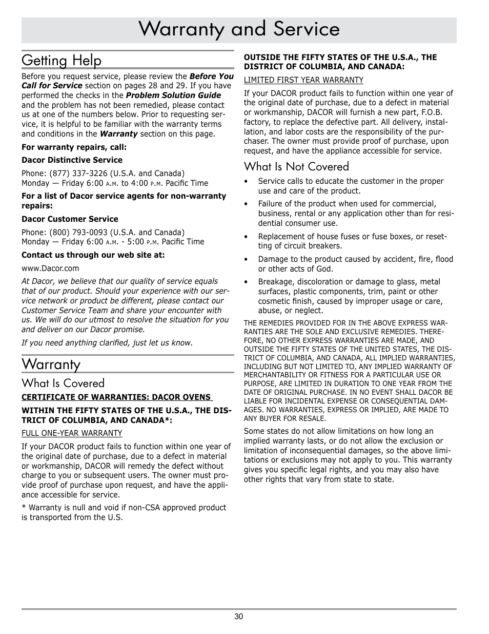 Warranty and service, Getting help, Warranty | What is covered, What is not covered | Dacor DO230 User Manual | Page 32 / 36