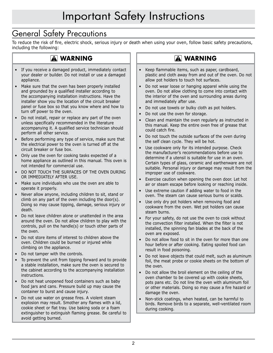 Important safety instructions, General safety precautions, Warning | Dacor DO230 User Manual | Page 4 / 36