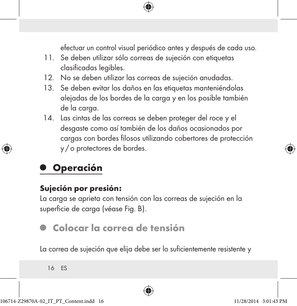 Operación, Colocar la correa de tensión | Powerfix Z28970A-02 User Manual | Page 16 / 79