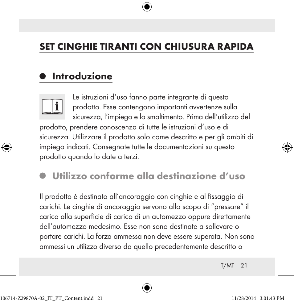 Set cinghie tiranti con chiusura rapida, Introduzione, Utilizzo conforme alla destinazione d’uso | Powerfix Z28970A-02 User Manual | Page 21 / 79