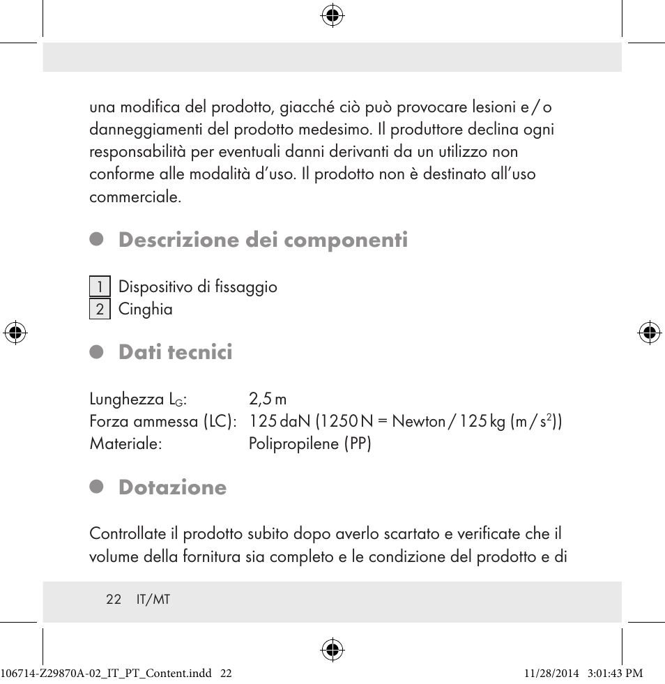 Descrizione dei componenti, Dati tecnici, Dotazione | Powerfix Z28970A-02 User Manual | Page 22 / 79