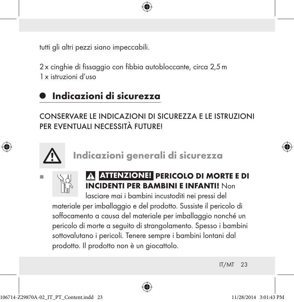 Indicazioni di sicurezza, Indicazioni generali di sicurezza | Powerfix Z28970A-02 User Manual | Page 23 / 79