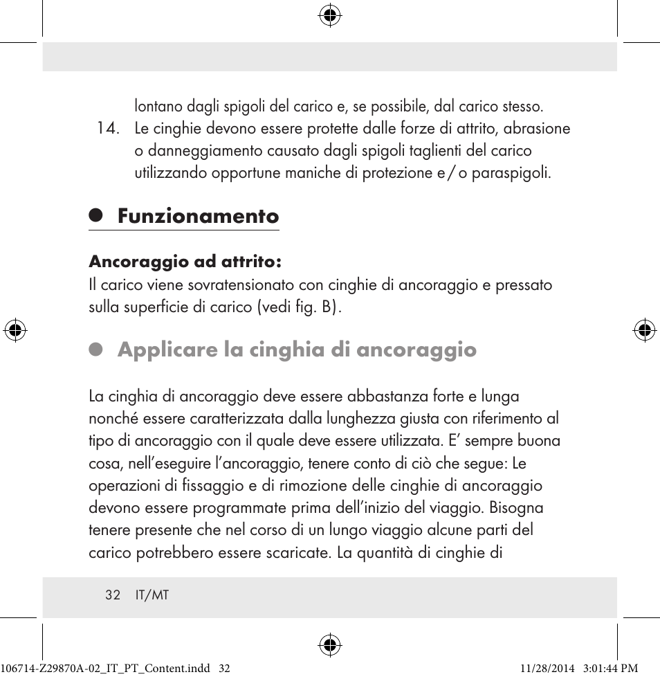 Funzionamento, Applicare la cinghia di ancoraggio | Powerfix Z28970A-02 User Manual | Page 32 / 79