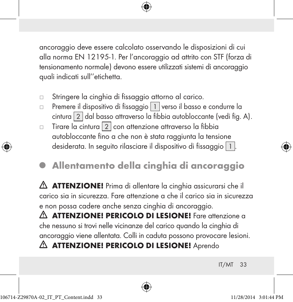 Allentamento della cinghia di ancoraggio | Powerfix Z28970A-02 User Manual | Page 33 / 79