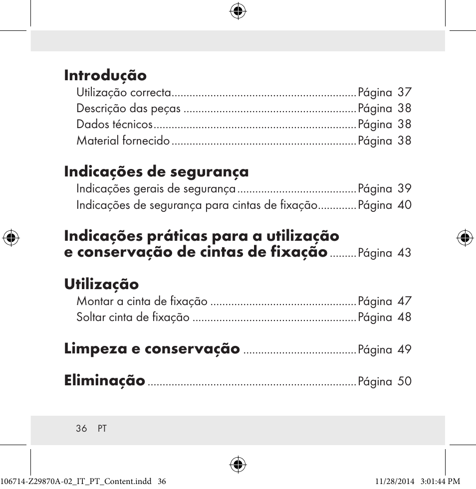 Introdução, Indicações de segurança, Utilização | Limpeza e conservação, Eliminação | Powerfix Z28970A-02 User Manual | Page 36 / 79