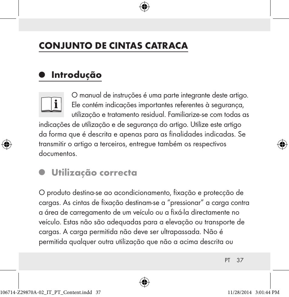 Conjunto de cintas catraca, Introdução, Utilização correcta | Powerfix Z28970A-02 User Manual | Page 37 / 79