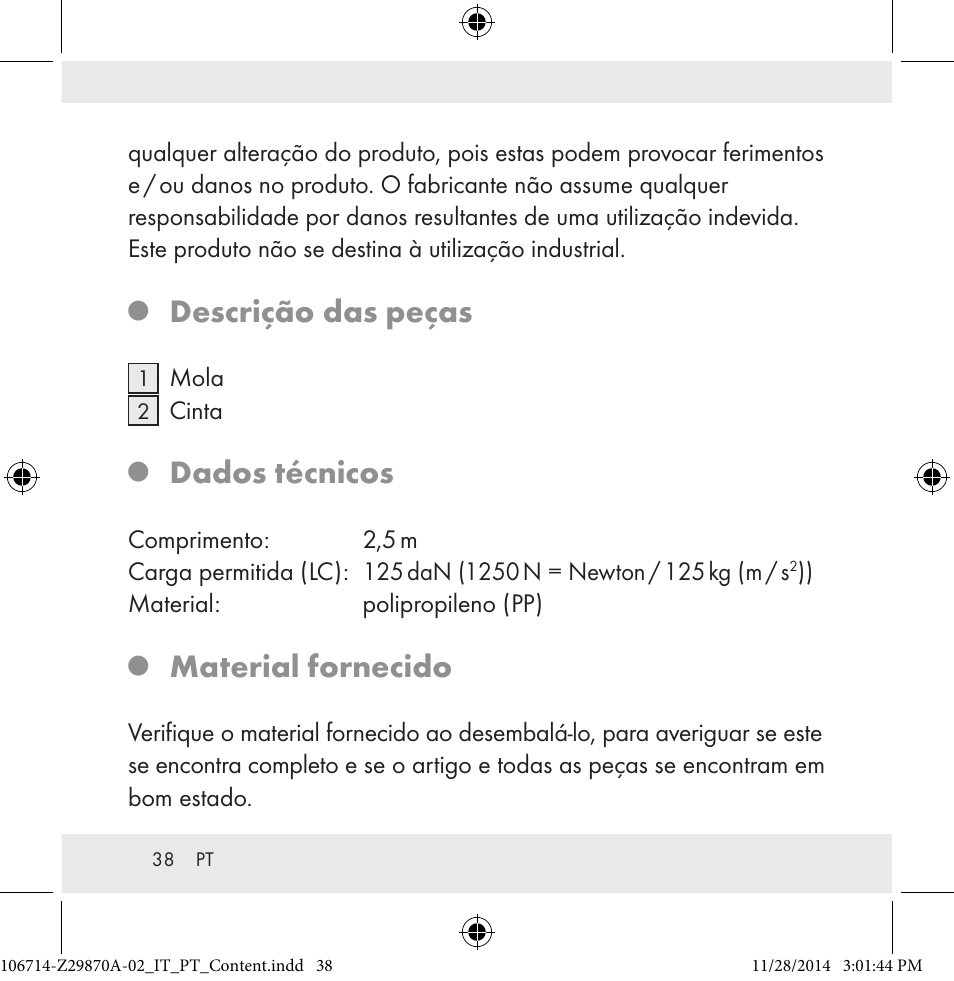 Descrição das peças, Dados técnicos, Material fornecido | Powerfix Z28970A-02 User Manual | Page 38 / 79