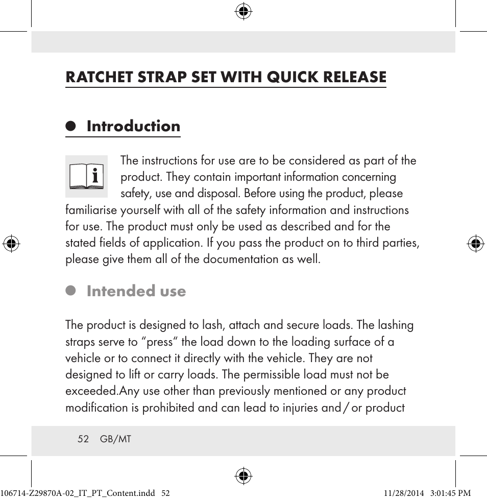 Ratchet strap set with quick release, Introduction, Intended use | Powerfix Z28970A-02 User Manual | Page 52 / 79