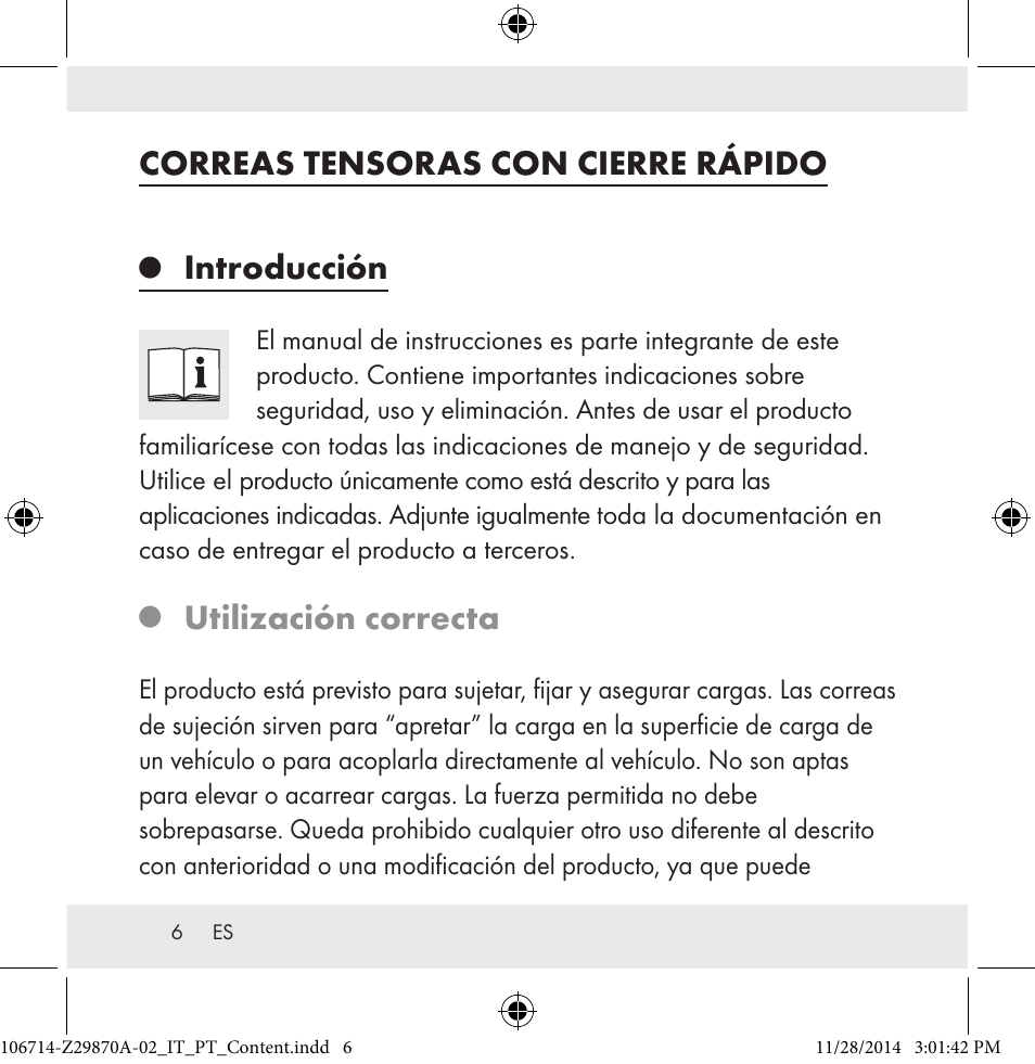 Correas tensoras con cierre rápido, Introducción, Utilización correcta | Powerfix Z28970A-02 User Manual | Page 6 / 79