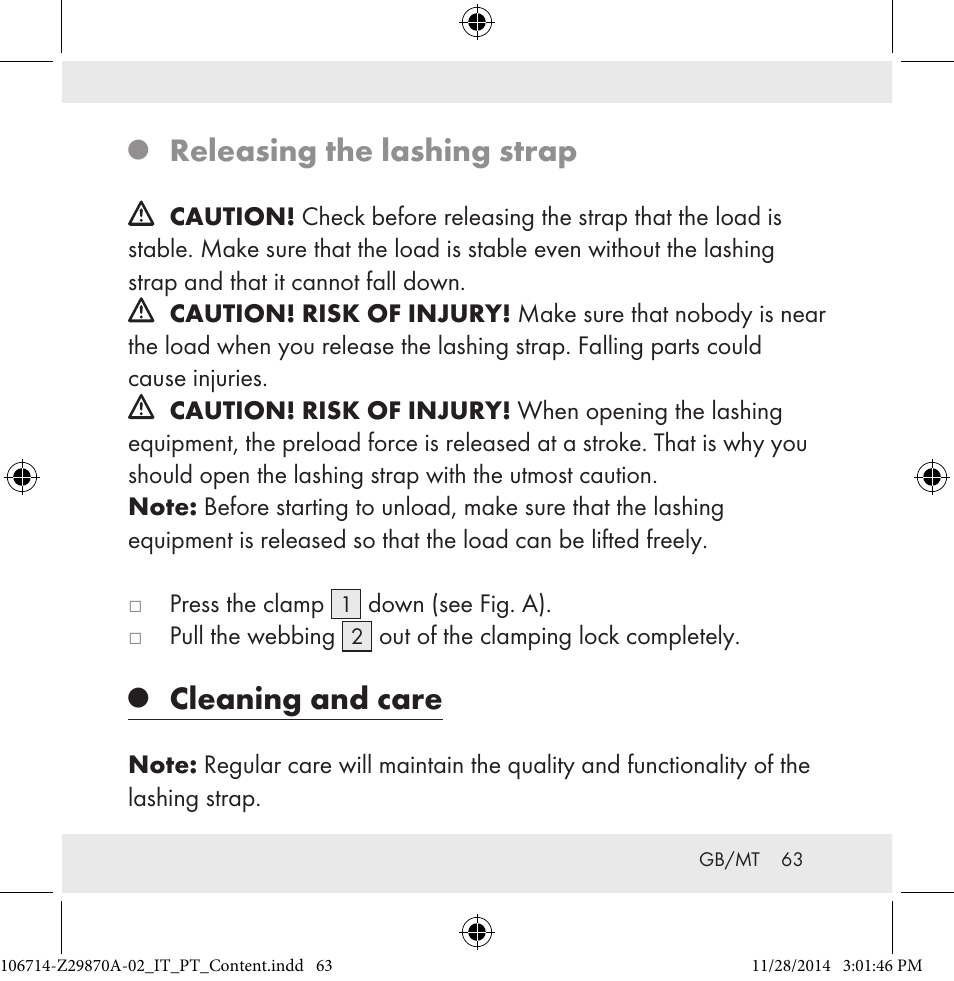 Releasing the lashing strap, Cleaning and care | Powerfix Z28970A-02 User Manual | Page 63 / 79