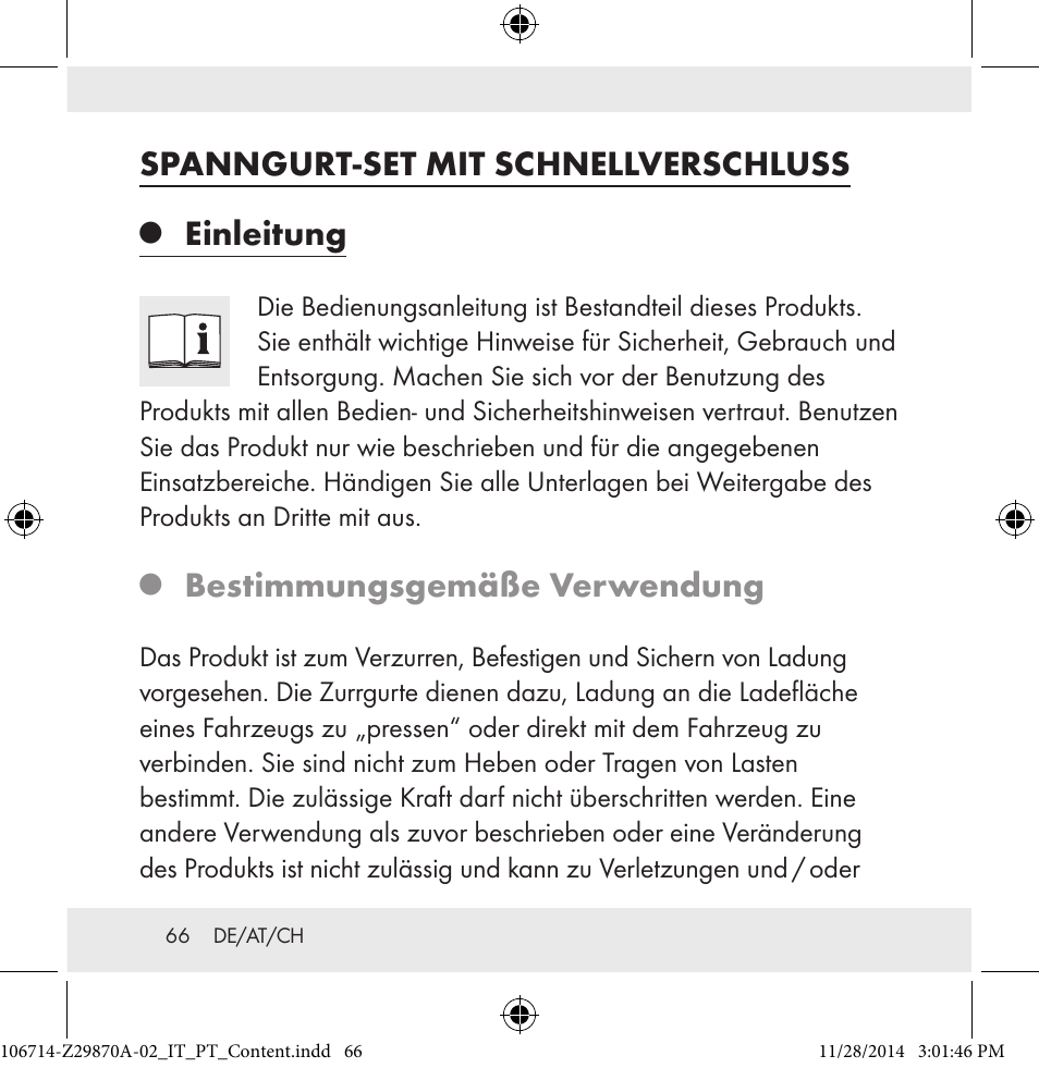 Spanngurt-set mit schnellverschluss, Einleitung, Bestimmungsgemäße verwendung | Powerfix Z28970A-02 User Manual | Page 66 / 79