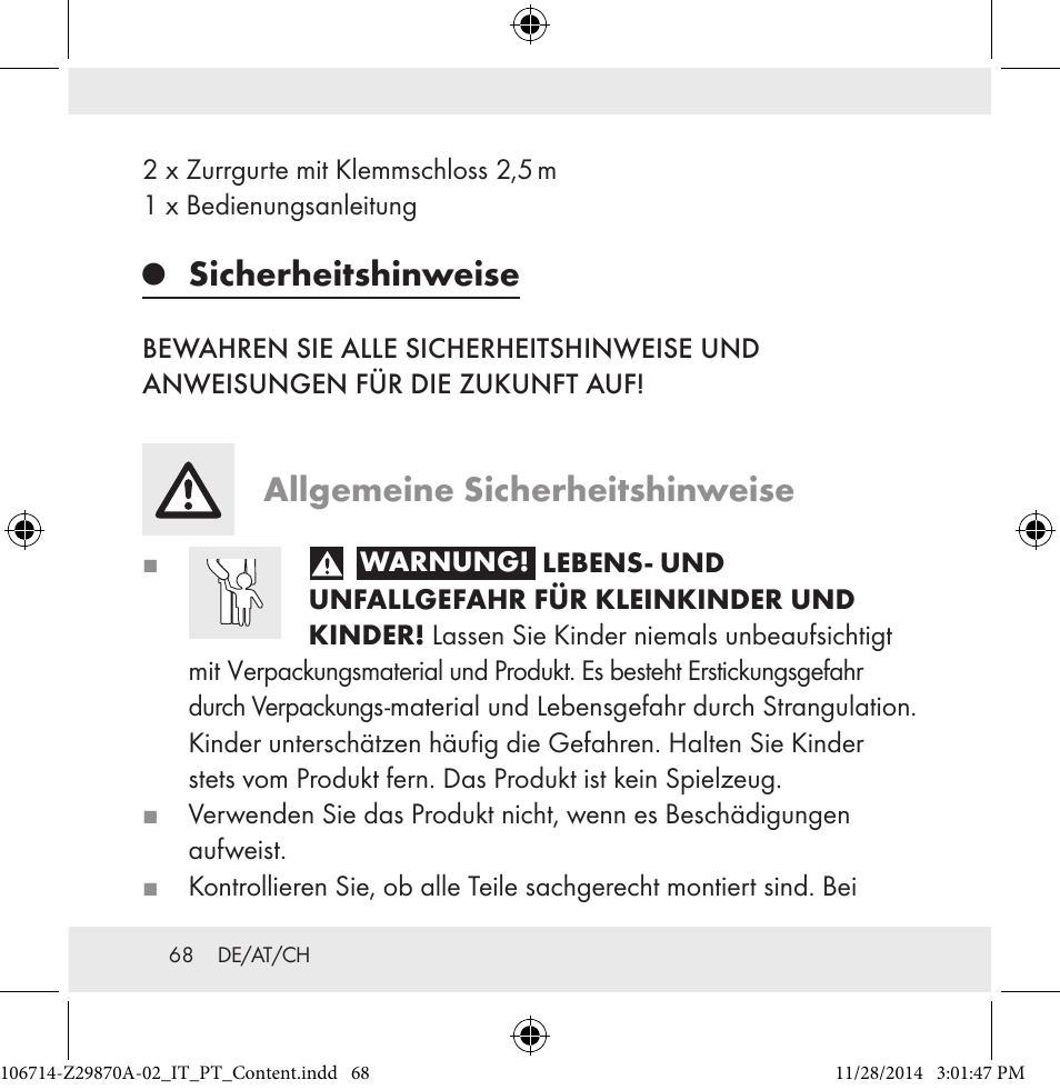 Sicherheitshinweise, Allgemeine sicherheitshinweise | Powerfix Z28970A-02 User Manual | Page 68 / 79