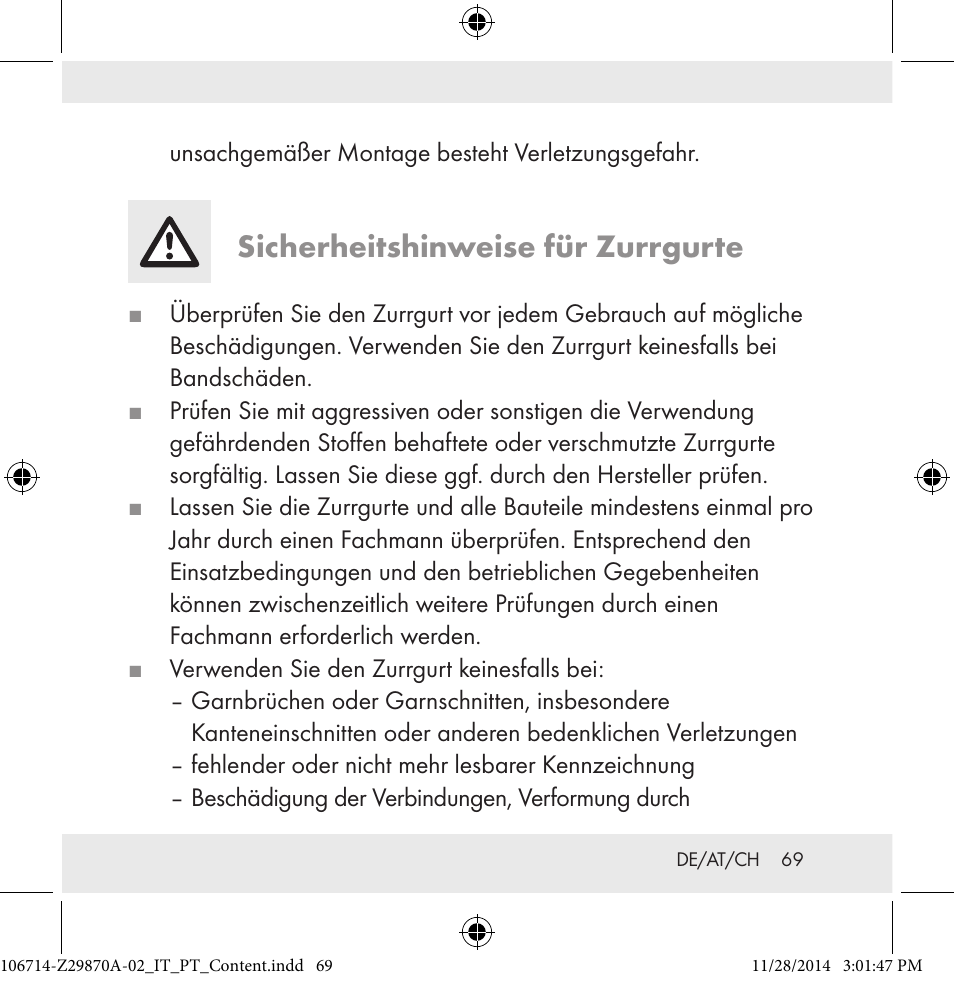 Sicherheitshinweise für zurrgurte | Powerfix Z28970A-02 User Manual | Page 69 / 79