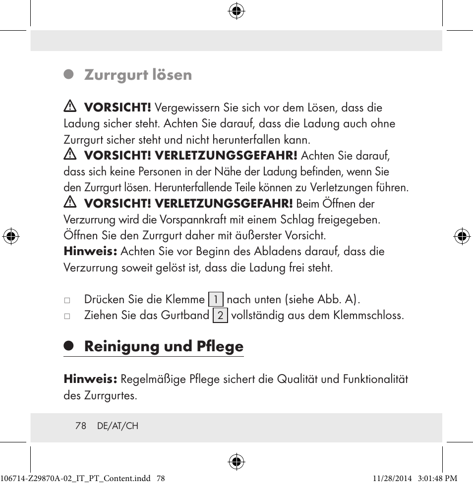 Zurrgurt lösen, Reinigung und pflege | Powerfix Z28970A-02 User Manual | Page 78 / 79