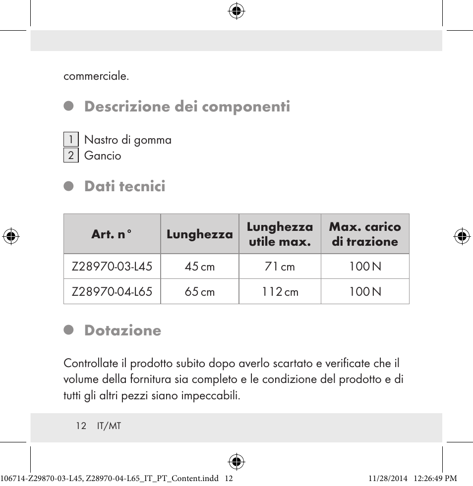Descrizione dei componenti, Dati tecnici, Dotazione | Powerfix Z28970-03-L45 / Z28970-04-L65 User Manual | Page 12 / 38
