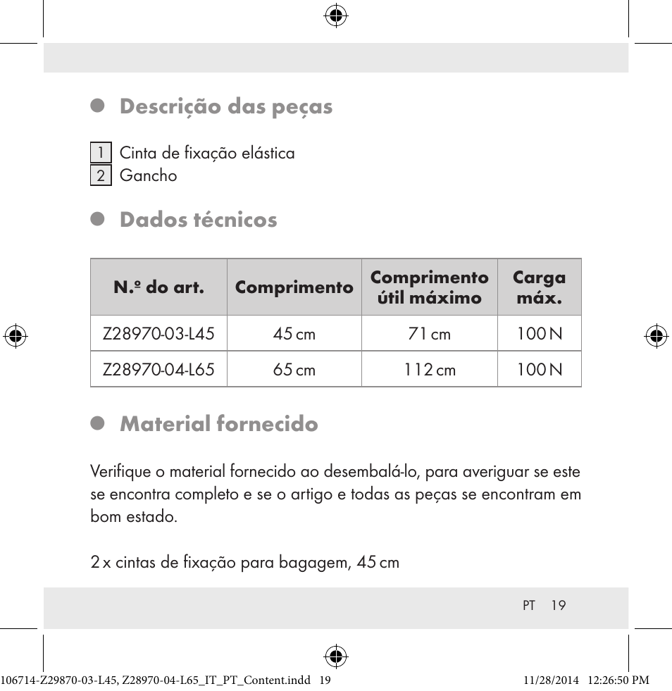 Descrição das peças, Dados técnicos, Material fornecido | Powerfix Z28970-03-L45 / Z28970-04-L65 User Manual | Page 19 / 38