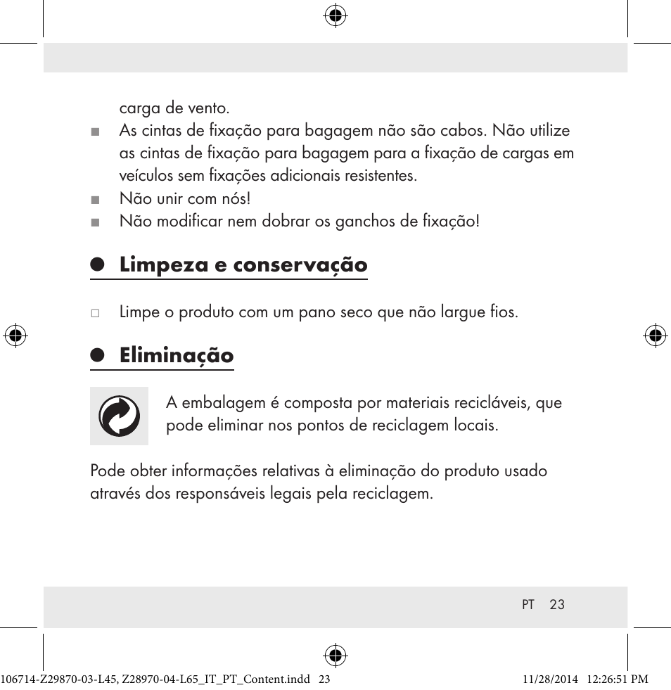 Limpeza e conservação, Eliminação | Powerfix Z28970-03-L45 / Z28970-04-L65 User Manual | Page 23 / 38