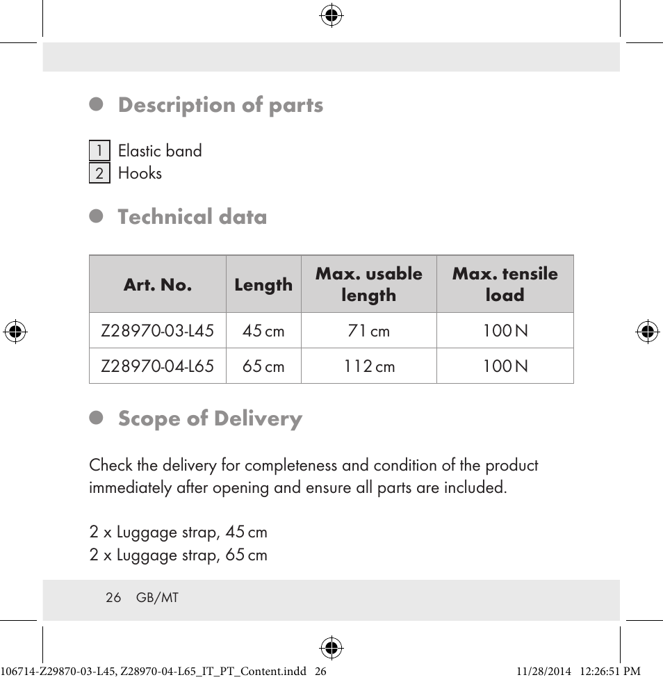 Description of parts, Technical data, Scope of delivery | Powerfix Z28970-03-L45 / Z28970-04-L65 User Manual | Page 26 / 38