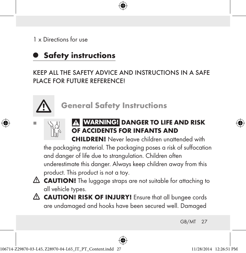 Safety instructions, General safety instructions | Powerfix Z28970-03-L45 / Z28970-04-L65 User Manual | Page 27 / 38