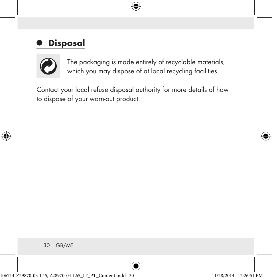 Disposal | Powerfix Z28970-03-L45 / Z28970-04-L65 User Manual | Page 30 / 38