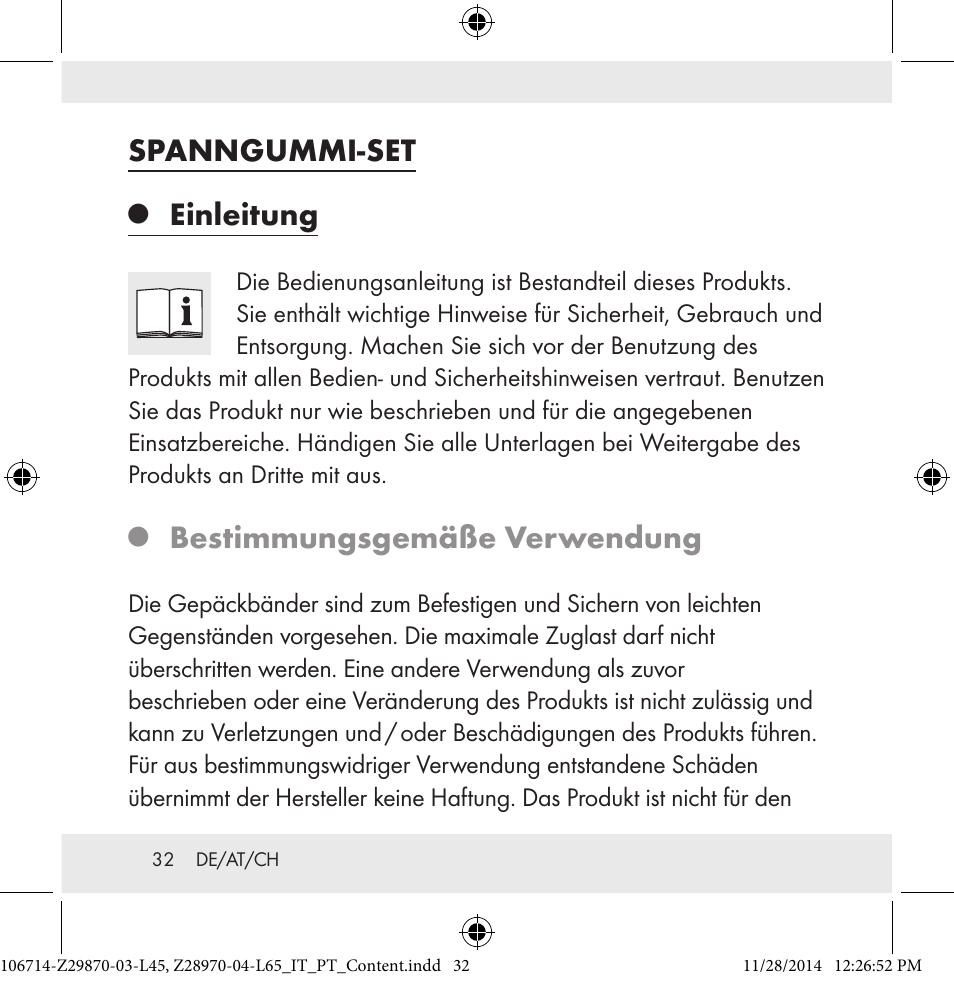 Spanngummi-set, Einleitung, Bestimmungsgemäße verwendung | Powerfix Z28970-03-L45 / Z28970-04-L65 User Manual | Page 32 / 38