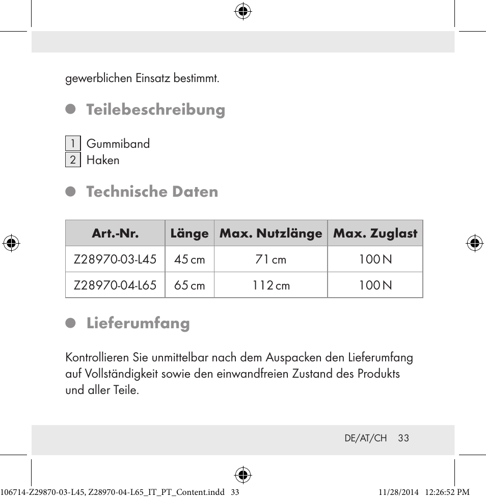 Teilebeschreibung, Technische daten, Lieferumfang | Powerfix Z28970-03-L45 / Z28970-04-L65 User Manual | Page 33 / 38