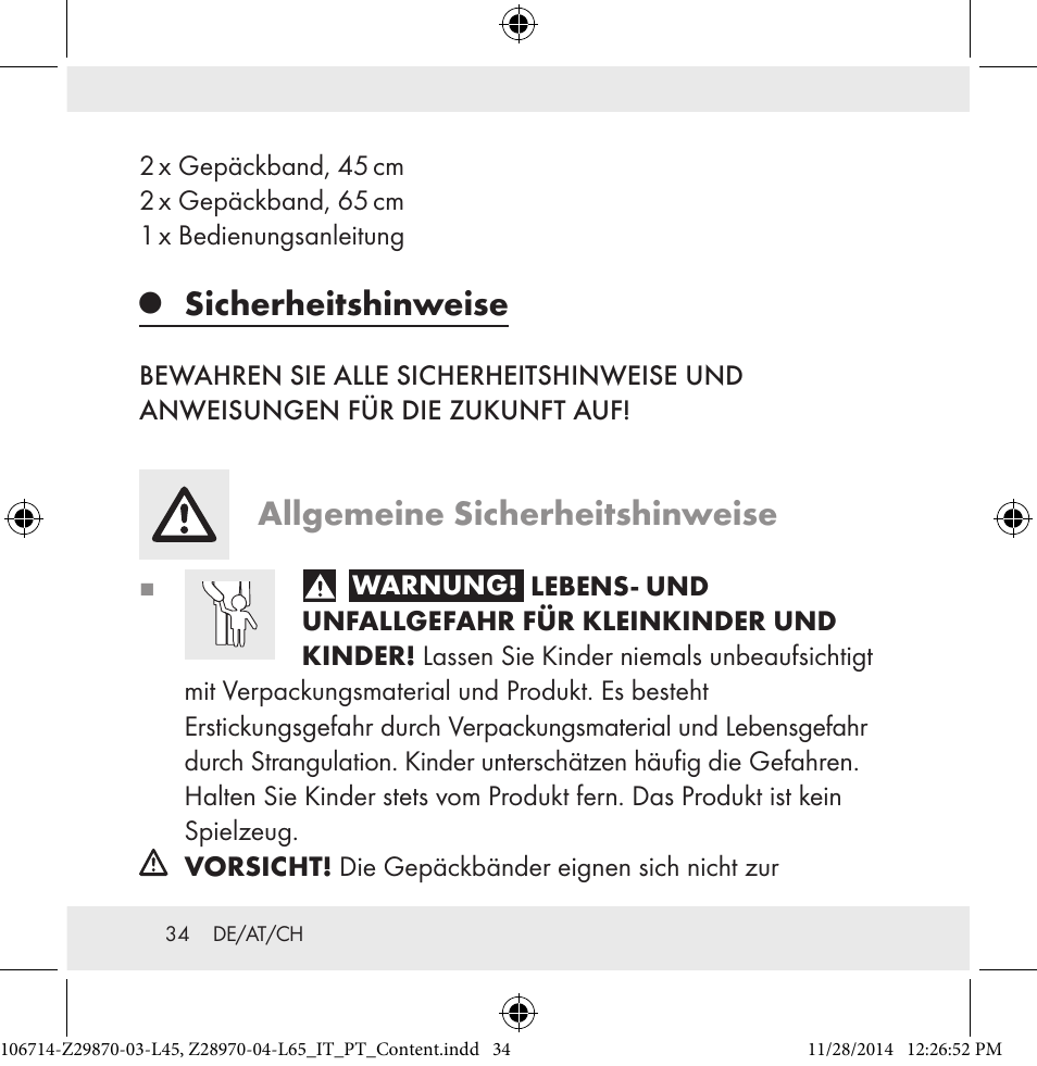 Sicherheitshinweise, Allgemeine sicherheitshinweise | Powerfix Z28970-03-L45 / Z28970-04-L65 User Manual | Page 34 / 38
