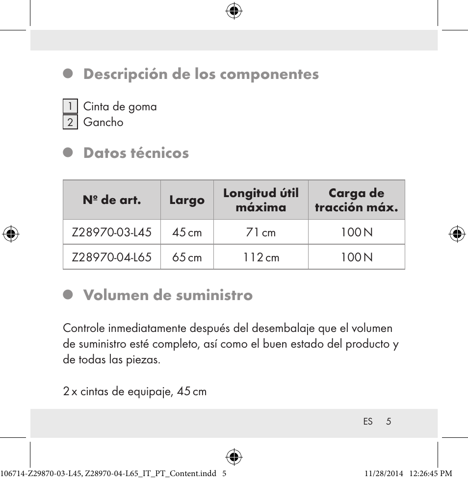 Descripción de los componentes, Datos técnicos, Volumen de suministro | Powerfix Z28970-03-L45 / Z28970-04-L65 User Manual | Page 5 / 38