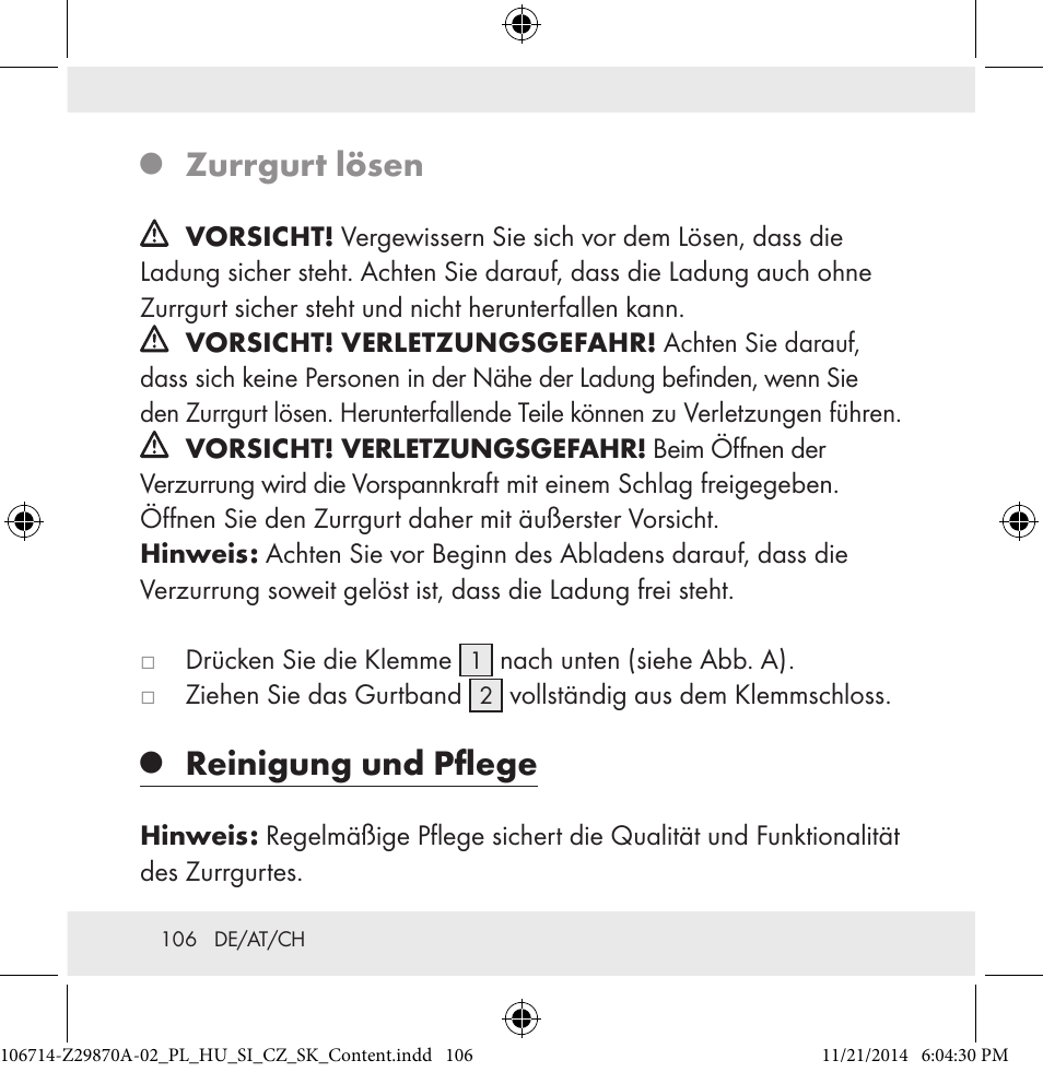 Zurrgurt lösen, Reinigung und pflege | Powerfix Z28970A-02 User Manual | Page 106 / 107