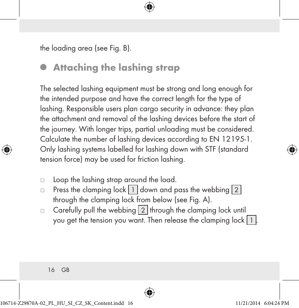 Attaching the lashing strap | Powerfix Z28970A-02 User Manual | Page 16 / 107
