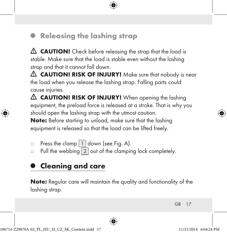 Releasing the lashing strap, Cleaning and care | Powerfix Z28970A-02 User Manual | Page 17 / 107