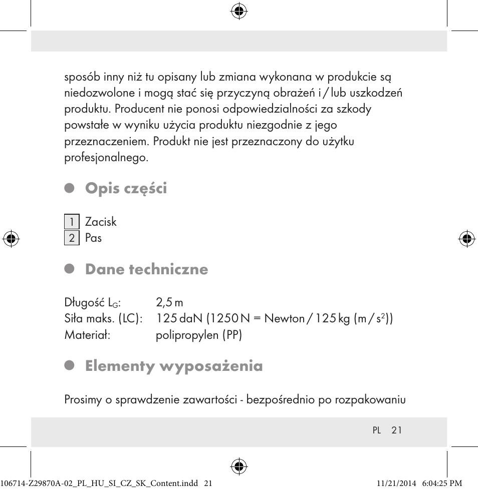 Opis części, Dane techniczne, Elementy wyposażenia | Powerfix Z28970A-02 User Manual | Page 21 / 107