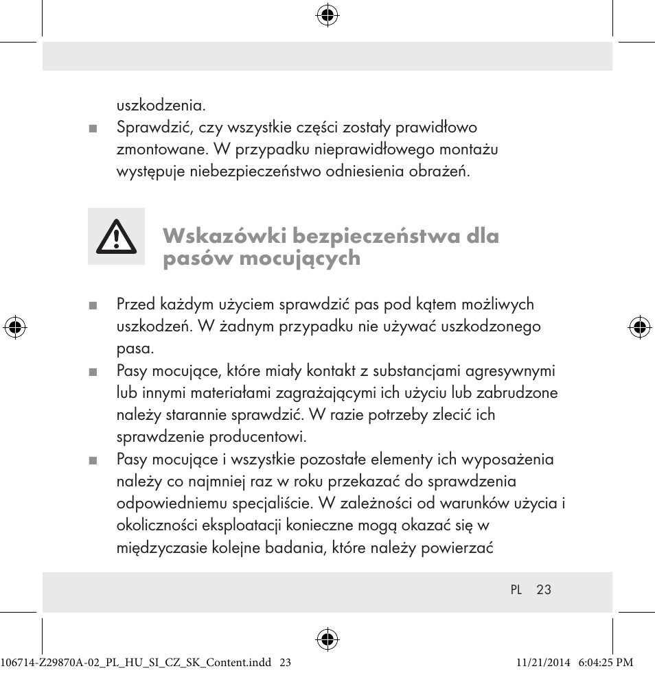 Wskazówki bezpieczeństwa dla pasów mocujących | Powerfix Z28970A-02 User Manual | Page 23 / 107